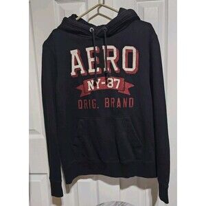 Vtg Aeropostale Hoodie Men Sz L Black Red Aero Pullover Sweatshirt  Logo 87